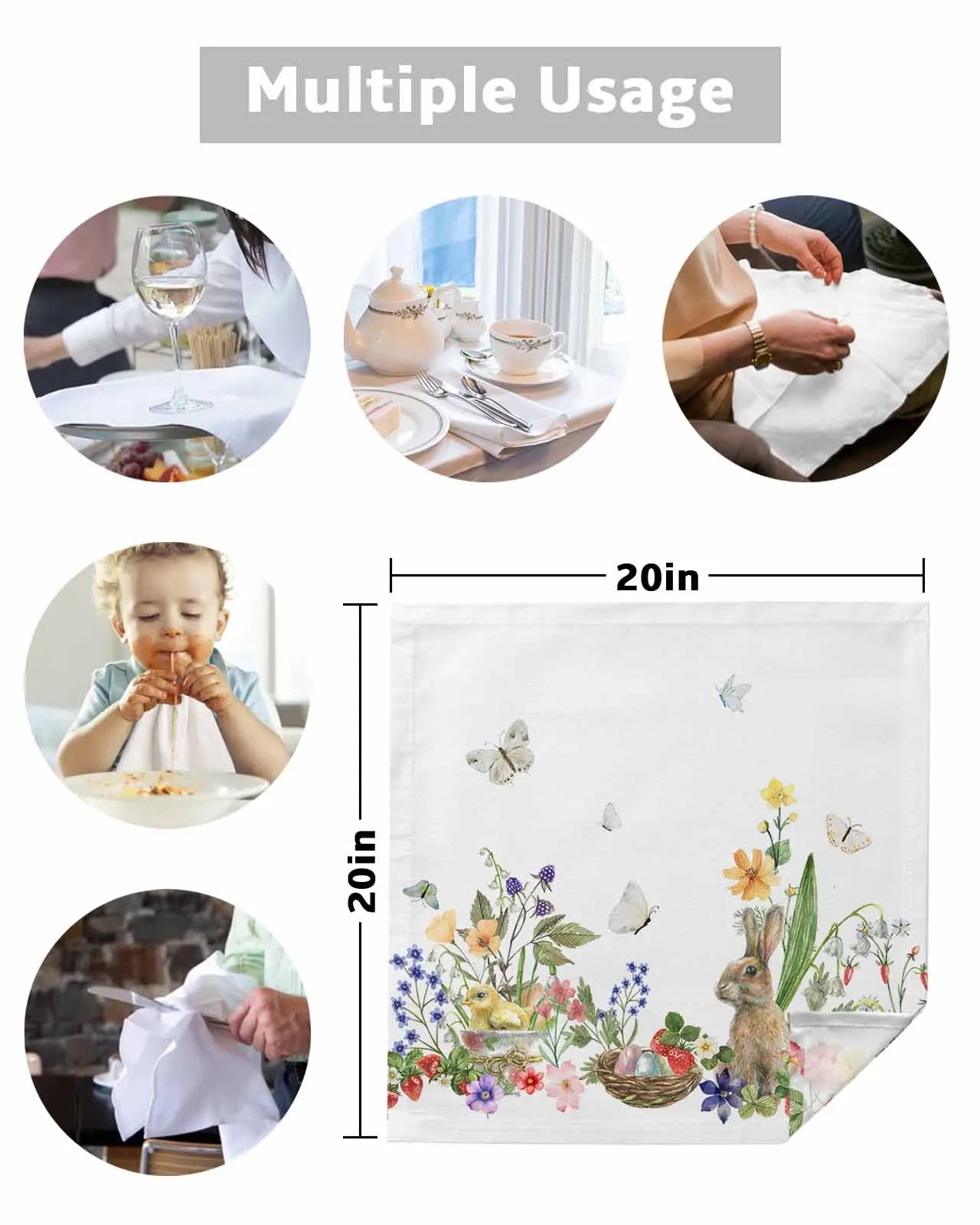 4pcs Easter Bunny Spring Flowers Butterfly Table Napkins Cloth Set Kitchen Dinner Tea Towels Table Mat Wedding Decor Napkins