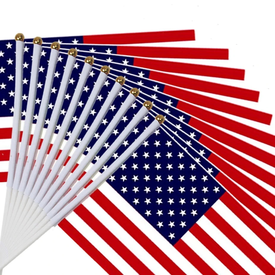 10PCS American Stick Flags Hand Waving Flag USA 5x8 Inch Handheld Mini Flag Flagpole 30cm American Independence Day Home Decor