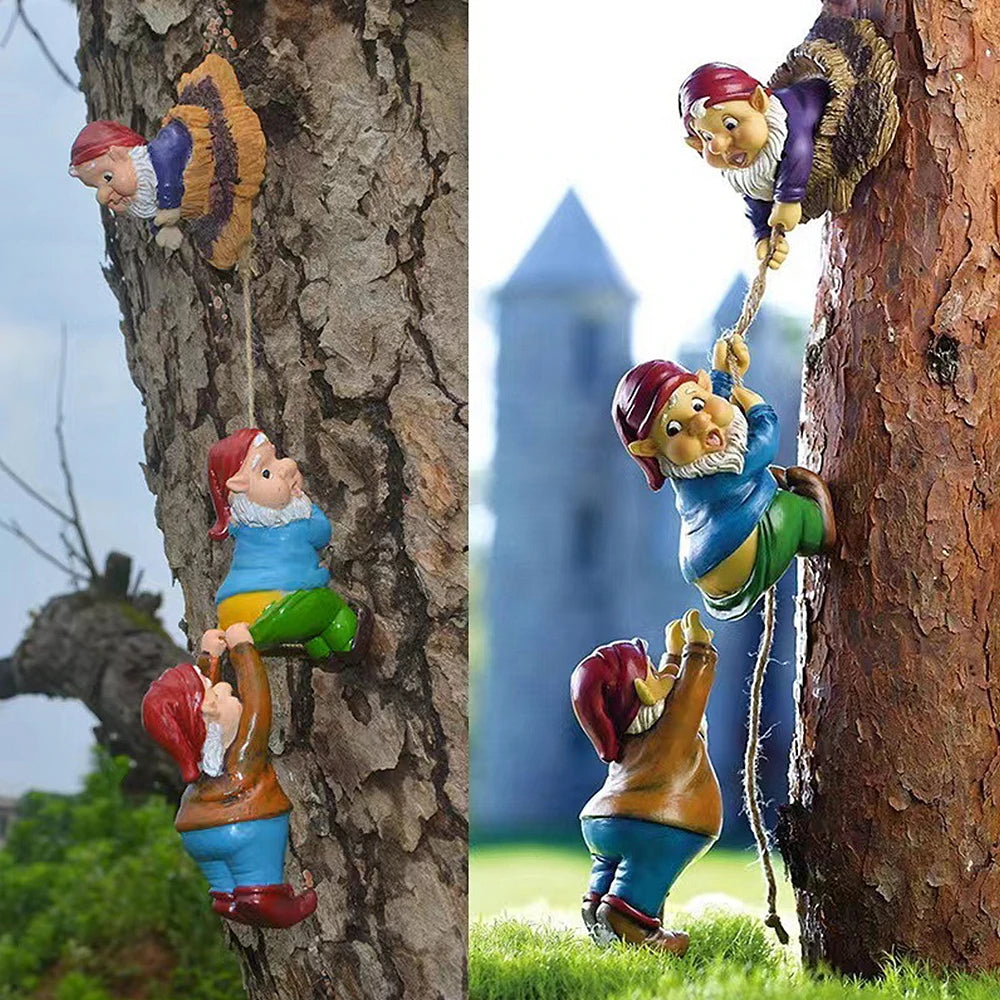 Resin Climbing Gnome Sculpture White Beard Dwarf Art Statue Courtyard Landscape Figurines Garden Tree Decoration Elf Pendant