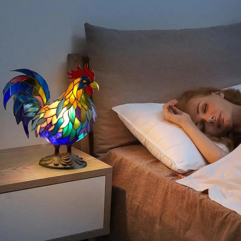 Stained Glass Table Lamp Rooster Stained Glass Resin Night Light Animal Sculpture Home Decoration Retro Gifts For Bedroom